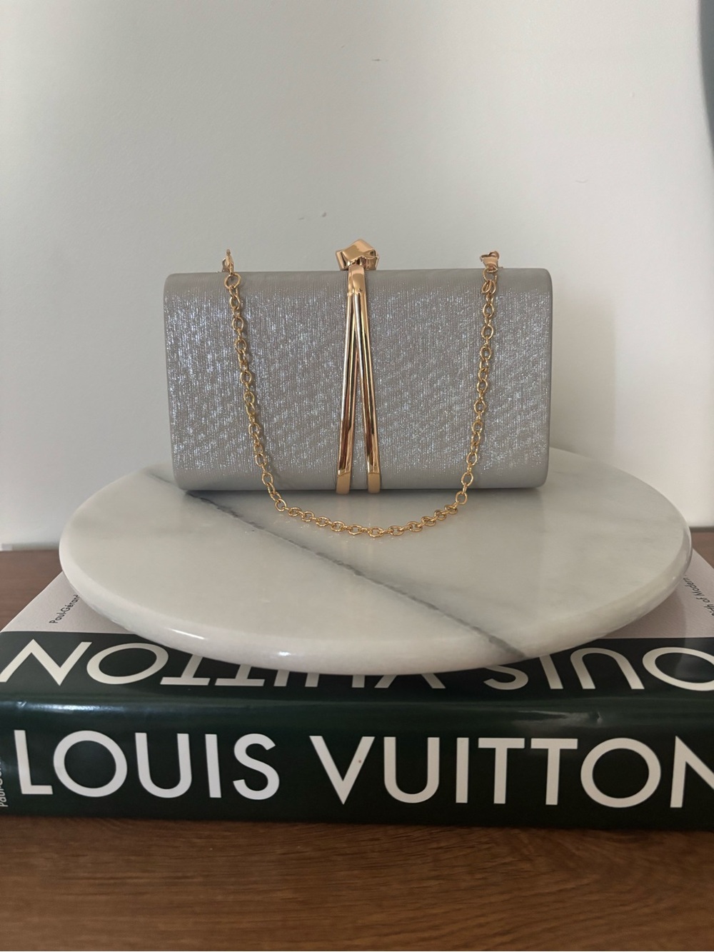 Silver Glitter Evening Clutch with Gold Chain Strap